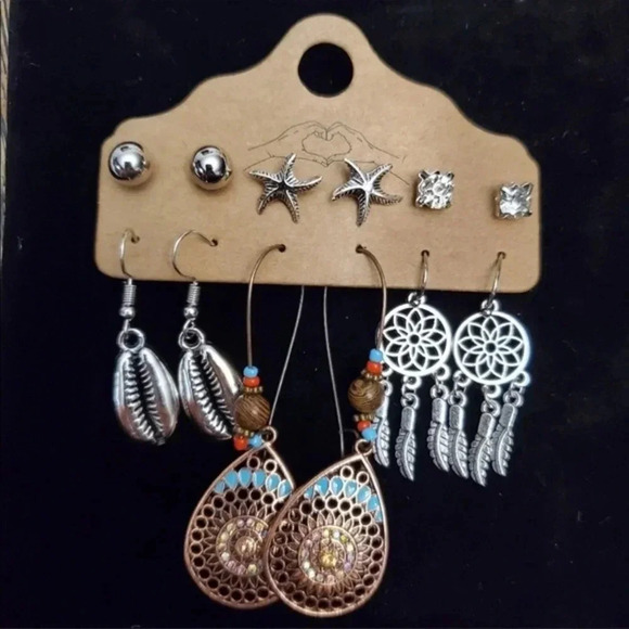 Boho Silver Earring Set | Dreamcatcher Feather Shell Dangle Festival Jewelry - Picture 1 of 1